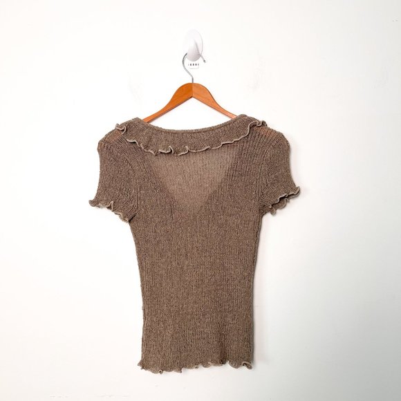 Y2K Ruffled Olive Knit Short Sleeve Cardigan Blouse - Picture 6 of 7